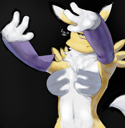 3_fingers anthro black_background blue_eyes breasts featureless_breasts female fingers fur medium_breasts navel simple_background solo text white_body white_fur yellow_body yellow_fur rizal_ok bandai_namco digimon shadow_hands_challenge digimon_(species) renamon absurd_res artist_name digital_drawing_(artwork) digital_media_(artwork) hi_res