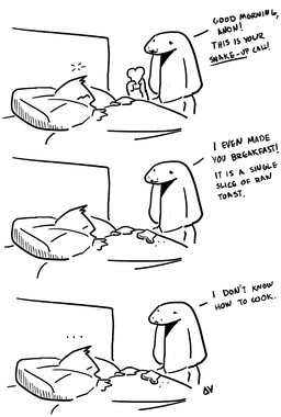 anthro bed bed_sheet bedding bread crumbs dialogue duo ellipsis eyeless female food furniture hair holding_food holding_object looking_at_another male open_mouth pillow shadow short_hair sleeping text toast waking_up white_body deltav anon human mammal reptile scalie snake comic english_text hi_res monochrome signature
