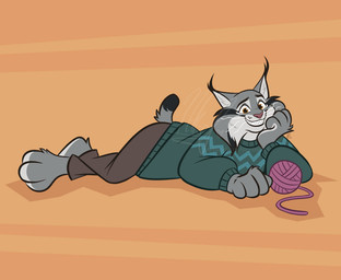 3_toes 4_fingers anthro arm_support ball_of_yarn barefoot black_eyebrows black_markings black_tail_tip black_tuft blue_stripes bottomwear brown_bottomwear brown_clothing brown_eyes brown_pants cheek_tuft clothed clothed_anthro clothed_male clothing countershade_face countershade_feet countershade_fur countershade_hands countershade_neck countershading crossed_legs dipstick_tail ear_tuft eye_markings eyebrows facial_markings facial_tuft feet fingers fully_clothed fully_clothed_anthro fully_clothed_male fur fur_markings fur_tuft green_clothing green_sweater green_topwear grey_body grey_ears grey_fur grey_tail grey_tuft grin grinning_at_viewer hand_tuft head_markings inner_ear_fluff iris leaning_on_elbow looking_at_viewer lying male male_anthro markings multicolored_body multicolored_fur on_front orange_background pants pattern_clothing pattern_sweater pattern_topwear paws pink_nose pose pupils shadow sharp_teeth short_tail simple_background smile smiling_at_viewer solo striped_clothing striped_sweater striped_topwear stripes sweater tail tail_markings teeth toes topwear tuft whiskers white_body white_countershading white_fur white_inner_ear white_inner_ear_fluff white_markings white_sclera white_tuft white_whiskers yarn nicnak044 disney zootopia pawbert_lynxley canada_lynx felid feline felis lynx mammal 2026 colored full-length_portrait portrait
