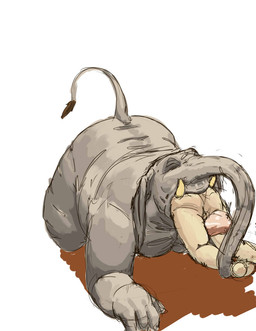 all_fours anthro balls butt duo elephant_ears feet genitals grey_body head_first human_prey larger_pred male male/male nude_anthro nude_human nude_pred nude_prey open_mouth oral_vore overweight pale_body partially_inside perineum raised_tail simple_background size_difference tail tan_body tusks vore white_background jeri_kleinlowe elephant elephantid human mammal proboscidean colored colored_sketch guide_lines hi_res sketch