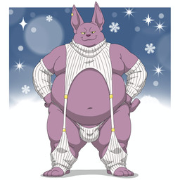 anthro armwear belly bulge clothed clothing elbow_gloves fupa gloves handwear legwear male moobs navel overweight purple_body skimpy smile smirk smug solo stockings sweater thong topwear turtleneck underwear bobbellyboy dragon_ball dragon_ball_super champa domestic_cat felid feline felis mammal 1:1 hi_res