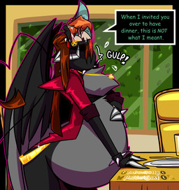 anthro belly big_belly black_body black_fur duo endo fangs female fur grey_body grey_fur group internal male male/female non_fatal nonfatal oral_vore overweight same_size_prey teeth text vore weight_gain wings paccarigoat nancy_drew_(franchise) lucifer_(paccarigoat) nancy_drew nancy_drew_(paccarigoat) bat bovid caprine demon goat mammal vampire english_text hi_res genderfluid_(lore)