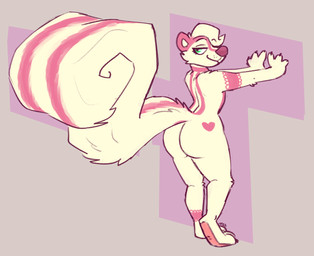 4_fingers abstract_background ambiguous_anthro ambiguous_gender ankle_markings anthro arm_markings big_butt big_tail biped butt choker_(marking) claws closed_smile countershade_fur countershade_torso countershading curled_tail eyelashes facial_markings feet finger_claws fingers fur green_eyes hair head_markings heart_(marking) hip_markings leg_markings looking_at_viewer looking_back looking_back_at_viewer markings mouth_closed multicolored_body multicolored_fur narrowed_eyes neck_markings nude nude_ambiguous nude_anthro pink_body pink_countershading pink_ears pink_fur pink_markings pink_nose pink_soles pink_stripes plantigrade skunk_tail smile smiling_at_viewer solo standing striped_back striped_body striped_face striped_fur striped_markings striped_tail stripes tail tail_markings three-quarter_view toe_claws toes two_tone_body two_tone_fur whisker_spots white_body white_fur white_hair white_inner_ear wide_hipped_ambiguous wide_hipped_anthro wide_hips vanillayote nargle nargle_(nargleflex) mammal mephitid skunk striped_skunk 2022 digital_drawing_(artwork) digital_media_(artwork) flat_colors full-length_portrait hi_res portrait signature