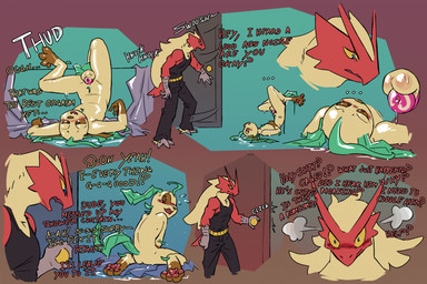 anthro balls biped black_clothing blue_eyes blush blush_lines bottomwear brown_eyes chastity_device chastity_device_only clothed clothed_male clothing dialogue digitigrade door genitals looking_at_another looking_back looking_back_at_another looking_pleasured lying male male_anthro nervous nude nude_male on_back open_mouth pants paws red_body shirt simple_background text topwear wearing_chastity_device wet wet_body vonepitaph nintendo pokemon byron_(vonepitaph) kale_(vonepitaph) blaziken eeveelution generation_3_pokemon generation_4_pokemon leafeon pokemon_(species) 2025 comic digital_media_(artwork) english_text hi_res