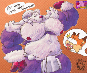 3_fingers angry anthro barazoku big_muscles big_pecs dialogue duo fingers flexing fluffy intimidation male male/male mouthless muscular nipples pecs red_nipples solo_focus surprised thick_thighs berspring awooga_(meme) bubsy_(series) bubsy_4d baartholomeo bubsy_bobcat bovid caprine felid feline lynx mammal sheep hi_res