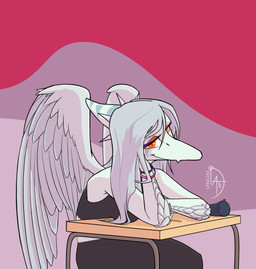 amber_eyes anthro black_bottomwear black_clothing black_crop_top black_pants black_shirt black_topwear blue_body bone_frill bottomwear bracelet breasts clothed clothed_anthro clothed_female clothing crop_top desk elbow_feathers eyeliner feathered_wings feathers female frill_(anatomy) furniture grey_body grey_feathers grey_hair hair half-closed_eyes happy jewelry leaning_on_hand logo long_hair looking_at_viewer makeup markings medium_breasts narrowed_eyes non-mammal_breasts pants shirt sitting smile solo striped_markings stripes table topwear wings daeino goodbye_volcano_high ko_op_(game_developer) fang_(gvh) prehistoric_species pterosaur reptile scalie 2025 absurd_res artist_logo colored hi_res shaded