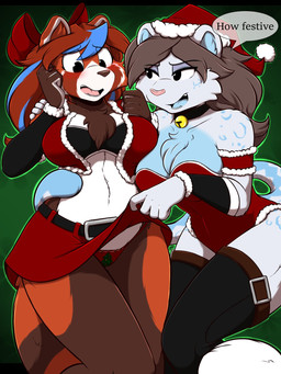 5_fingers anthro assisted_exposure blue_hair bottomwear breasts brown_hair christmas_clothing clothed clothing clothing_lift duo embarrassed exposure_variation female female/female fingers front-print_panties hair holidays humiliation legwear leotard lingerie midriff navel open_mouth panties print_clothing print_panties print_underwear red_clothing red_panties red_underwear skirt skirt_lift smile teeth thigh_highs tongue underwear upskirt infinitedge christmas angelica_(ashkelling) red_(infinitedge) ailurid felid leopard mammal pantherine red_panda 2022 3:4 digital_media_(artwork) hi_res