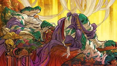 anthro banana bed bowl claws column container fangs finger_claws food fruit furniture grape green_body green_scales head_spines leg_wraps looking_at_viewer male mango melon multicolored_body multicolored_scales muscular muscular_anthro muscular_male on_bed on_pillow pecs pillow pineapple plant purple_eyes scales solo tan_body tan_scales teeth toe_claws two_tone_body two_tone_scales vegetarian watermelon wraps yomagnto egyptian_mythology middle_eastern_mythology mythology sobek crocodilian reptile scalie 16:9 hi_res widescreen