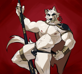 5_fingers abs anthro armor black_nose bracers cape chain claws clothing dancing ear_piercing eyebrows finger_claws fingers flower fur looking_at_viewer male muscular muscular_anthro muscular_male nipples pecs piercing plant pointy_ears pole pole_dancing prick_ears ring rose_(flower) solo tail teeth underwear white_body white_fur crescent_yeen canid canine canis mammal wolf 2023 hi_res