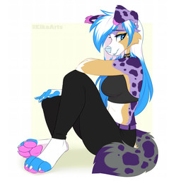 4_toes 5_fingers anthro biped blue_eyes bottomwear breasts claws clothed clothed_anthro clothed_female clothing ear_piercing feet female finger_claws fingers fully_clothed fully_clothed_anthro fully_clothed_female fur hair looking_aside markings pawpads paws piercing purple_body purple_fur purple_tail side_view simple_background sitting smile solo spots spotted_body spotted_fur spotted_markings spotted_tail tail tail_markings toe_claws toes topwear white_hair ei-ka canid canine canis domestic_dog mammal 1:1 2025 digital_media_(artwork) hi_res