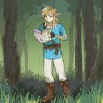 blonde_hair blue_eyes boots clothing fingerless_gloves footwear gloves grass hair handwear humanoid_pointy_ears light_body light_skin magazine not_furry plant pointy_ears shoes solo tree monbetsu_kuniharu nintendo the_legend_of_zelda link humanoid hylian 1:1 2022