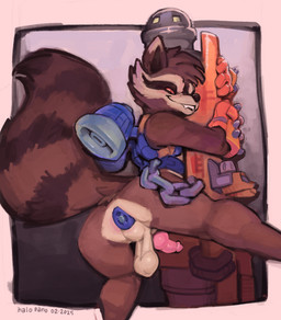 anal anal_penetration animal_genitalia animal_penis backsack balls bite biting_lip butt buttplug buttplug_in_ass buttplug_insertion chain clothing genitals gloves handwear jet_pack knot knotted_penis leaning_on_object looking_at_viewer looking_back male mismatched_animal_penis mismatched_genitalia mismatched_penis object_in_ass penetration penis plug_(sex_toy) plug_insertion presenting presenting_balls presenting_hindquarters sex_toy sex_toy_in_ass sex_toy_insertion weapon halo-pano guardians_of_the_galaxy marvel marvel_rivals rocket_raccoon mammal procyonid raccoon hi_res