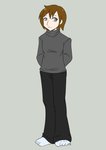 2013 barefoot bottomwear brown_hair clothing feet hair hi_res human human_only looking_aside male mammal not_furry pants rifel shirt simple_background solo standing topwear