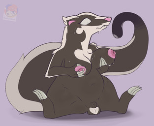 animal_genitalia areola balls big_breasts bodily_fluids breast_squeeze breasts brown_body brown_fur busty_feral claws feral fur fur_markings genitals gynomorph heart_(marking) holding_breast intersex lactating long_tail looking_down markings navel nipples sheath sitting snaggle_tooth solo spread_legs spreading squeezing sweat tail text white_body white_fur pinnipip nintendo pokemon pinnip_(pinnipip) badger buizel generation_4_pokemon hybrid mammal mephitid mustelid musteline pokemon_(species) skunk english_text busty_boy_(lore)