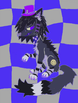 alternative_fashion checkered checkered_kerchief checkered_neckerchief clothing coontail_hair emo facial_piercing fangs feral fur grey_body grey_fur hat headgear headwear kerchief male neckerchief neckwear nose_piercing nose_ring pattern_kerchief pattern_neckerchief piercing purple_clothing purple_hat purple_headwear purple_top_hat ring_piercing scene_haircut sitting smile solo sparklefur teeth demensa canid canine canis domestic_dog mammal 2024 digital_media_(artwork) full-length_portrait hi_res pixel_(artwork) portrait