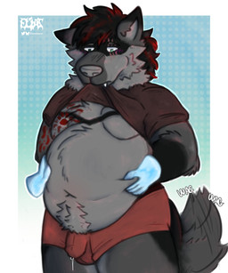 ambiguous_gender anthro belly belly_squish biped black_body black_fur black_hair blue_background blue_eyes blush blush_lines bodily_fluids border briefs bulge clothing detailed_bulge disembodied_hand dotted_background duo facial_markings featureless_chest fur genital_fluids genital_outline ghost_hand green_eyes grey_body grey_fur hair hands_behind_back head_markings heterochromia highlights_(coloring) leaking_precum looking_down looking_down_at_belly looking_down_at_self male male/ambiguous male_anthro male_focus markings mask_(marking) moobs navel obese obese_anthro obese_male overweight overweight_anthro overweight_male pantsless_anthro pantsless_male pattern_background penis_outline precum precum_through_clothing precum_through_underwear raised_t-shirt red_briefs red_clothing red_highlights red_markings red_underwear simple_background solo_focus squish tail tail_motion tailwag underwear wet wet_clothing white_border eliaslynxie z3r0_(z3r01cz) canid canine canis mammal wolf hi_res