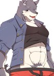 abs anthro biceps big_muscles black_nose clothing fur kemono male muscular muscular_anthro muscular_male solo hachi_duchi canid canine canis mammal wolf 2018 digital_media_(artwork) hi_res