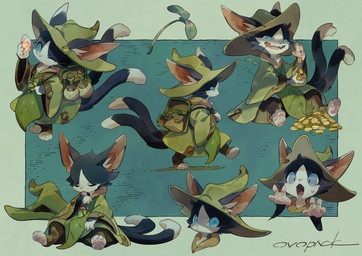 2_tails ambiguous_gender anthro backpack black_body black_fur bodily_fluids clothing coin dipstick_limbs dipstick_tail ears_through_headwear fur furgonomics geometric_background gold_(metal) gold_coin hat headgear headwear markings multi_tail multicolored_body multicolored_fur open_mouth pawpads simple_background solo standing sweat sweatdrop tail tail_markings two_tone_body two_tone_fur walking white_body white_fur ovopack domestic_cat felid feline felis mammal hi_res multiple_images