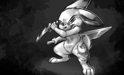 4_toes ambiguous_gender dagger feet feral fight front_view fur grey_background half-closed_eyes holding_object holding_weapon looking_at_viewer markings melee_weapon narrowed_eyes open_mouth paws semi-anthro simple_background small_tail solo standing sword tail toes weapon carrot_(artist) lagomorph leporid mammal rabbit 2017 absurd_res greyscale hi_res monochrome