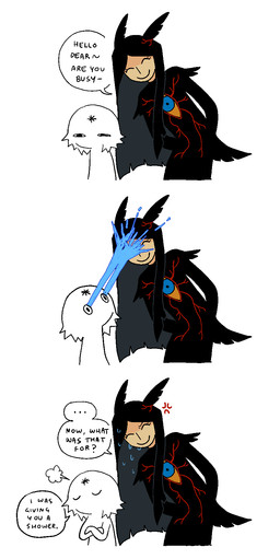^_^ annoyed black_body black_ears black_fur black_hair black_tail breath chest_eye closed_smile cross-popping_vein crossed_arms dialogue duo eyes_closed forehead_mark fur greeting hair leaning leaning_forward long_hair monotone_body monotone_fur mouth_closed simple_background smile soak speech_bubble tail talking_to_another tan_body tan_skin text vein wet white_background white_body white_fur jejejunum pest_(jejejunum) secret_(jejejunum) animal_humanoid humanoid proto-nethermare 2026 aliasing comic digital_drawing_(artwork) digital_media_(artwork) english_description english_text hi_res