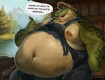 2024 absurd_res alligator alligatorid anthro belly big_belly clothed clothing crocodilian detailed_background facial_hair green_body green_scales hat headgear headwear hi_res looking_at_viewer male mountain navel nipples non-mammal_hair non-mammal_nipples obese obese_anthro obese_male overalls overweight overweight_anthro overweight_male plant reptile river scales scalie shibadoodles solo speech_bubble straw_hat straw_in_mouth torn_clothing tree water