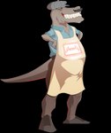 anthro apron clothed clothing facial_hair grin hair headgear headwear long_snout male mustache sharp_teeth simple_background small_arms smile snout solo standing teeth transparent_background cavemanon cavemanon_studios snoot_game moe_(snoot_game) dinosaur prehistoric_species reptile scalie theropod tyrannosaurid tyrannosauroid tyrannosaurus absurd_res alpha_channel concept_art hi_res