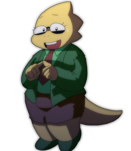 anthro bodily_fluids bottomwear breasts buckteeth cleavage clothed clothing eyewear female footwear furgonomics glasses jacket looking_at_viewer necktie nervous non-mammal_breasts open_mouth open_smile rectangular_glasses round_glasses shirt shoes shortstack shortstack_female simple_background skirt smile solo sweat tail tail_through_skirt teeth thick_tail thick_thighs topwear white_background yellow_body yellow_skin alpi deltarune undertale undertale_(series) alphys lizard reptile scalie 2018 archived_source