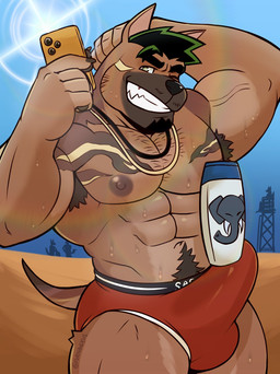 abs anthro areola armpit_hair barazoku biceps body_hair cellphone clothing electronics erection erection_under_clothing eyebrows grin happy_trail male muscular muscular_anthro muscular_male one_eye_closed pecs phone pube_peek pubes shampoo_bottle smartphone smile solo speedo stocky swimwear tail wink furnandeus shampoo_challenge xxl_woofia saeng canid canine canis domestic_dog mammal hi_res meme