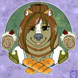 anthro bread breasts cake clothed clothing dessert eyelashes female food freckled_breasts freckled_chest freckled_face freckles frosting fruit hair hair_bun long_eyelashes matcha_(tea) plant smile solo strawberry sweetroll arwenscoots conditional_dnp bear mammal hi_res