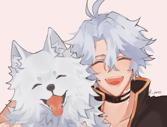 black_nose clothed clothing collar duo eyebrows feral fur hair inner_ear_fluff jacket male open_mouth pink_tongue sharp_teeth simple_background teeth tongue tongue_out topwear tuft white_background white_body white_eyebrows white_fur white_hair white_inner_ear_fluff yn319 canid canine canis domestic_dog human mammal