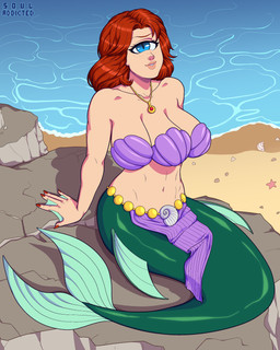 3_breasts 5_fingers blue_eyes bra breasts clothing colored_nails female fingers freckles hair jewelry looking_at_viewer membrane_(anatomy) multi_breast nails necklace red_hair rock seashell_bra solo split_form underwear water webbed_hands souladdicted aquatic cyclops merfolk 2020 4:5 absurd_res digital_media_(artwork) hi_res