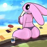 anthro areola areola_slip beach beverage big_breasts big_butt bikini biped black_sclera blush blush_lines bodily_fluids breasts butt can clothed clothing container day eating eyelashes female food holding_object long_ears looking_back monotone_body outline outside pink_body popsicle question_mark rear_view sea sitting sky solo sun sweat sweaty_body swimwear text thick_thighs three-quarter_view two-piece_swimsuit water white_eyes oxyoxyoxyox marshmallow_(oxyoxyoxyox) lagomorph leporid mammal rabbit 1:1 2023 artist_name digital_drawing_(artwork) digital_media_(artwork) hi_res