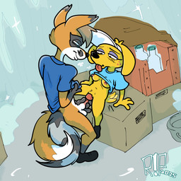 anthro areola balls bottomless bottomless_anthro bottomless_female bottomless_male box breasts clothed clothing clothing_lift container duo erection eyeshadow female female_penetrated from_front_position fur genitals guided_penetration hair half-closed_eyes hand_on_penis holding_penis humanoid_genitalia humanoid_penis lying makeup male male/female male_penetrating male_penetrating_female narrowed_eyes nipples on_back penetration penile penis sex shallow_penetration shirt shirt_lift shirt_only smile spread_legs spreading standing standing_sex t-shirt tail tail_motion tongue tongue_out topwear topwear_only vaginal vaginal_penetration vulva yellow_body r!p adult_swim cartoon_network gassy's_gas_'n_stuff lulu_(gassy's_gas_'n_stuff) bird_dog canid canine canis domestic_dog fox hunting_dog hybrid labrador mammal procyonid raccoon retriever 1:1 2025 digital_media_(artwork)