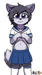 anthro belly bottomwear clothed clothing clothing_lift dipstick_tail female footwear freckled_face freckles fur gloves_(marking) grey_body grey_fur hair legwear markings navel pleated_skirt purple_eyes raised_clothing raised_shirt raised_topwear sailor_uniform school_uniform shirt shirt_lift skirt socks solo tail tail_markings thigh_highs topwear uniform techboy1423 nadia_(littlebranch) canid canine canis mammal wolf hi_res