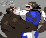 anthro bear_hug brown_body brown_fur clothing duo fur male male/male muscular open_mouth red_eyes simple_background text torn_clothing hyaku_(artist) dragon_ball dragon_ball_z gohan vegeta mammal oozaru primate 2d_animation animated hi_res japanese_text loop short_playtime