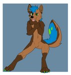 anthro arm_tuft barbell_piercing black_ear_piercing black_nose blue_background blue_body blue_fur blue_hair blue_pawpads blue_tail brown_body brown_ears brown_fur brown_inner_ear brown_tail cheek_tuft claws crotch_tuft ear_piercing elbow_tuft facial_tuft fangs featureless_crotch front_view fur gauged_ear green_body green_claws green_eyes green_fur green_tail grey_barbell_piercing grey_ear_piercing grey_piercing hair industrial_piercing male open_mouth pawpads piercing pink_tongue short_hair shoulder_tuft simple_background solo standing tail teeth toe_claws tongue tuft martinballamore canid canine canis domestic_dog mammal hi_res