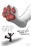2012 4_toes ambiguous_gender anthro canid canine dialogue duo english_text feet foot_focus forceswerwolf fur macro mammal mephitid micro pawpads paws paws_only plantigrade size_difference skunk skunkhase standing stomping swiftayama tail text toes