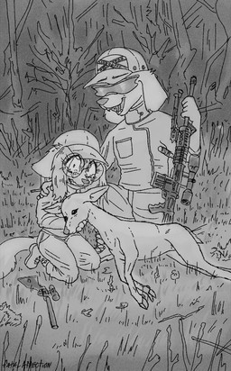 anthro ar-15 baseball_cap bodily_fluids boots bottomwear cigarette clothing confederate_flag confederate_states_of_america corpse dead_animal death duo emotional_damage eyewear female feral flower footwear forced_smile forest glasses grass gun hair hat headgear headwear horrified hunting hunting_rifle jacket leaf long_hair male pants pistol_grip plant posing_for_picture ranged_weapon rifle round_glasses scope shoes stick sunglasses tears text topwear trauma traumatized tree trophy_hunting weapon fatal_affection miley_(fatal_affection) canid canine canis domestic_dog mammal artist_name monochrome signature trans_(lore) trans_woman_(lore)