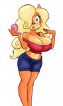 anthro big_breasts black_nose blonde_hair bottomwear breasts cleavage clothed clothing eyelashes female green_eyes hair hair_over_eye looking_at_viewer markings midriff mole_(marking) off_shoulder one_eye_obstructed shorts simple_background solo standing white_background daredemon7000 popon13 third-party_edit activision crash_bandicoot_(series) tawna_bandicoot bandicoot mammal marsupial