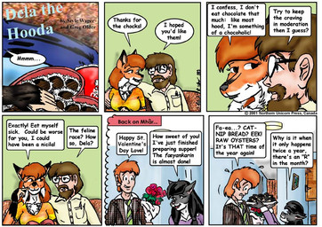 anthro bedroom_eyes black_hair black_nose bouquet box_of_chocolates breasts brown_hair candy chocolate clothed clothed_female clothing dessert dialogue eyewear female food fur furniture glasses gloves_(marking) grey_body grey_fur group hair holidays in_heat male male/female markings narrowed_eyes necktie orange_body orange_fur orange_hair seductive sitting sofa text style_wager dela_the_hooda valentine's_day dela_aldershaw fred_(dela_the_hooda) nylaena canid canine domestic_cat felid feline felis fox hooda human mammal 2001 comic english_text