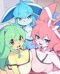 anthro biped blue_eyes blush breasts cleavage clothed clothing cute_fangs fangs female green_body group hair heart_symbol looking_at_viewer male open_mouth pink_hair pupils simple_background tan_body teeth tongue trio devil-vox nintendo pokemon eeveelution generation_4_pokemon generation_6_pokemon glaceon leafeon pokemon_(species) sylveon absurd_res hi_res