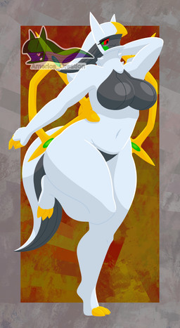 anthro blush breasts female gold_accessory golden_claws multicolored_body nude on_one_leg pokemorph raised_arm raised_leg red_eyes simple_background small_waist smile solo standing tail text thick_thighs white_body wide_hips arceus_tummy nintendo pokemon arceus equid equine generation_4_pokemon horse legendary_pokemon mammal pokemon_(species) absurd_res hi_res lineless