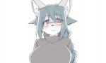 anthro big_breasts blue_hair blush bouncing_breasts breasts clothed clothing eyebrows eyelashes eyewear female fully_clothed glasses grey_hair hair huge_breasts kemono long_hair looking_at_viewer purple_eyes simple_background smile solo text white_background sgsix canid canine mammal 2017 2d_animation animated bust_portrait japanese_text portrait short_playtime translated