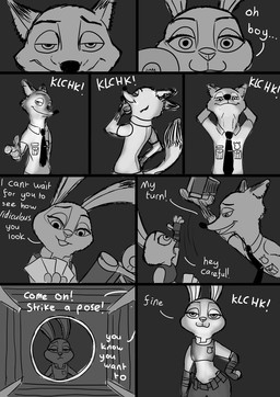 anthro bedroom_eyes camera camera_flash clothed clothing dark dialogue duo female half-closed_eyes long_ears male narrowed_eyes police police_uniform seductive size_difference smile text uniform zalgo_(artist) disney zootopia judy_hopps nick_wilde canid canine fox lagomorph leporid mammal rabbit red_fox true_fox 2016 comic english_text greyscale hi_res monochrome