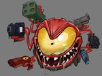 1_eye belt bodily_fluids drooling grey_background gun holding_gun holding_object holding_ranged_weapon holding_rocket_launcher holding_weapon not_furry open_mouth ranged_weapon red_body rocket_launcher saliva sharp_teeth simple_background smile solo teeth weapon yellow_sclera macanick enter_the_gungeon beholster demon sphere_creature 2024 absurd_res hi_res