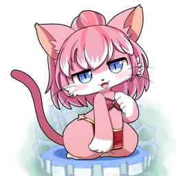 alternate_costume animal_ears anthro bikini blue_eyes blush bottomwear cat_tail chibi clothing cute_fangs facial_tuft fangs female female_anthro fur hair inner_ear_fluff jitome kemono kneeling loincloth long_hair looking_at_viewer multicolored_body multicolored_fur multicolored_hair open_mouth open_smile pink_body pink_fur pink_hair red_bikini red_clothing red_swimwear smile solo swimwear tail teeth thick_lineart thick_thighs tuft two-piece_swimsuit two_tone_body two_tone_fur two_tone_hair whiskers white_body white_fur white_hair wide_hips hinako_iroiro cat_busters jeanne_(cat_busters) felid feline mammal 1:1