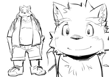 anthro backpack biped black_nose bottomwear clothing footwear fur kemono looking_at_viewer male overweight overweight_anthro overweight_male shirt shoes shorts slightly_chubby smile snout solo topwear hatake mammal line_art monochrome sketch