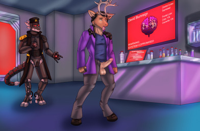 anthro antlers balls black_goo bottomwear brain brown_body brown_fur chemicals clothed clothing coat computer corruption detailed_background duo electronics empty_eyes erection footwear fur genitals hair hat headgear headwear hooves horn humanoid_genitalia humanoid_penis hypnosis jacket laboratory machine male memory_erasure memory_loss microchip mind_control open_mouth organs pants penis personality_change shirt shoes slime smile spines tail teeth text tongue tongue_out topwear vial howlfeiwolf hypnovember hypnovember2025 david_blumreign cervine deer mammal new_world_deer reindeer robot robot_anthro cel_shading detailed digital_media_(artwork) english_text hi_res shaded