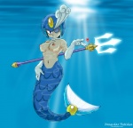 breasts clothed clothing female fish_tail looking_at_viewer melee_weapon navel nipples one_eye_closed polearm solo split_form topless trident underwater water weapon wink irregular_fetishes capcom mega_man_(series) megaman_(classic) splash_woman marine merfolk full-length_portrait portrait