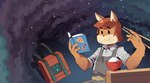 anthro backpack belt biped book bowl chopsticks clothed clothing container eating female food fully_clothed holding_book holding_object outside overalls reading rice sitting smoke solo space unknown_artist fixfox rendlike vix_(fixfox) canid canine fox mammal digital_media_(artwork) half-length_portrait hi_res portrait